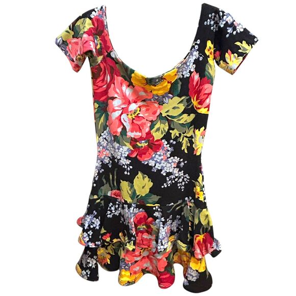1980s Betsey Johnson Punk Label Dress Black Floral Size S or M  Off the Shoulder - Picture 2 of 14